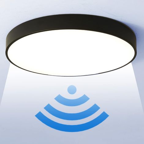 Lampes de Plafond avec Détecteur de Mouvement LED Plafonnier avec capteur de mouvement 6000K Blanc Froid Rond Ultra-mince Luminaire Intérieur pour Couloir Balcon Garage Cuisine, Noire Ø30cm (1/5)