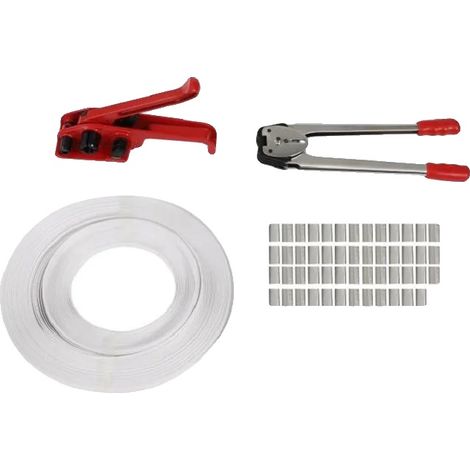 Kit de flejado, resistencia a la tracción de 1000 N, resistencia a la rotura de 40 kg, apto para correas de 0,4 a 0,6 pulgadas, peso neto 2,6 kg, tamaño del paquete 37 x 28 x 9 cm. (1/5)