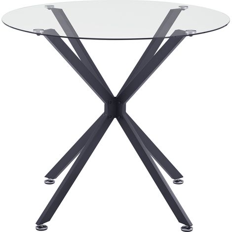 Table à manger ronde 80 cm en verre trempé avec pieds en métal noir, pour 1 à 4 personnes (1/5)