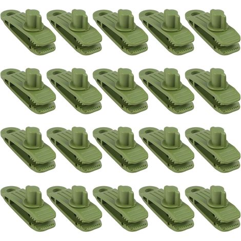 Lot de 20 pinces de tente robustes pour camping, auvents de piscine, coupe-vent, pour bâches, cordes, auvents, abris réutilisables en plastique (vert) (1/5)