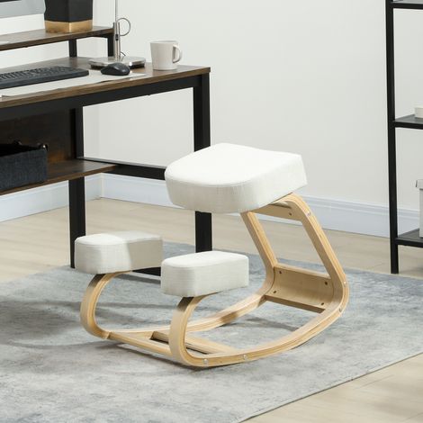 Ergonomischer Kniestuhl mit Wippfunktion, moderner gepolsterter Stuhl aus Birkenholz und Polyester, 51 x 69 x 58 cm, Creme