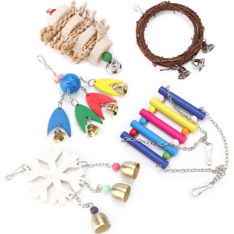 Lot de 5 jouets pour perroquet : échelle, clochette, jouet à mâcher, balançoire, à suspendre et accessoires pour cage (1/5)