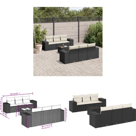 7-tlg. Garten-Sofagarnitur mit Kissen Schwarz Poly Rattan - Gartenmöbel Set - PE-Rattan Möbel - Outdoor Lounge - Esstisch Set - Balkonmöbel - Home & Living (1/3)