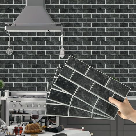 Credence Adhesive pour Cuisine Noir 12 Pièces,Carrelage Adhesif Mural Cuisine Salle de Bain, Stickers Carrelage Muraux Carreaux Adhesif Autocollant Cuisine Decoratif 15x30 cm (1/5)