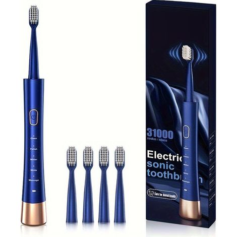 Brosse à dents électrique IPX7, charge rapide de 2 heures avec rappel intelligent de l'heure, 5 modes, 4 têtes de brosse, voyage, intérieur, extérieur, bleu (1/5)