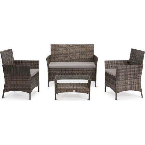 Svita – Salon de jardin en poly rotin marron – Ensemble 1 table 60x38cm et 2 fauteuils 57x58x82cm – Coussins amovibles en polyester (1/5)