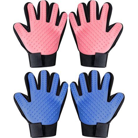 SHINING HOUSE 2 Paires de Gants de Toilettage Chat, Brosse à Gants pour Animaux de Compagnie, Gant de Toilettage Gaucher Droitier pour Poils Courts et Longs Bleu Clair/Rouge- 4 Pièces