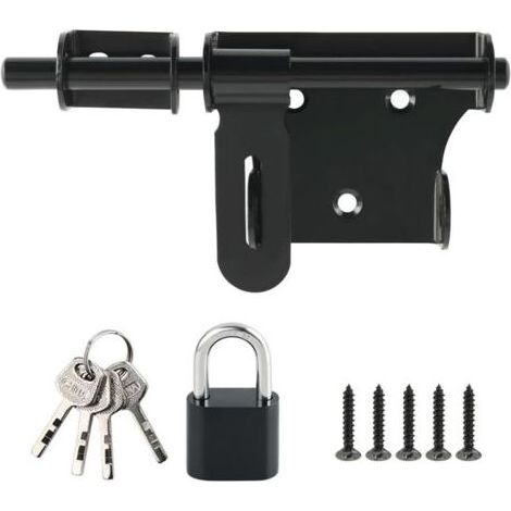 Verrou Porte Exterieur/Interieure avec Cadenas, Loquet Porte Coulissante en Acier Inoxydable pour Fenêtre, Placard et Jardin, Finition Noire Mate, Barre de 150MM, EMS350B-SET (1/4)