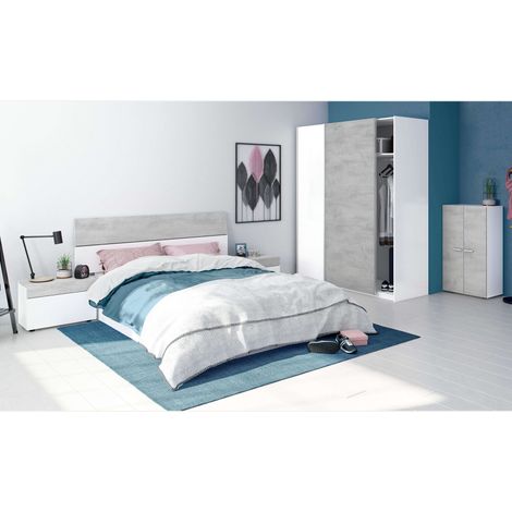Conjunto Dormitorio Completo Habitación Principal Color Blanco Artik y Cemento (cabecero + 2 mesitas + armario + zapatero)
