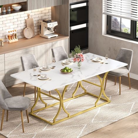 Table à manger 200 x 80 cm pour 8 à 10 personnes, plateau 2,5 cm d'épaisseur imperméable et antirays, pieds métalliques dorés avec glissières réglables – idéale pour salon et salle à manger (1/5)