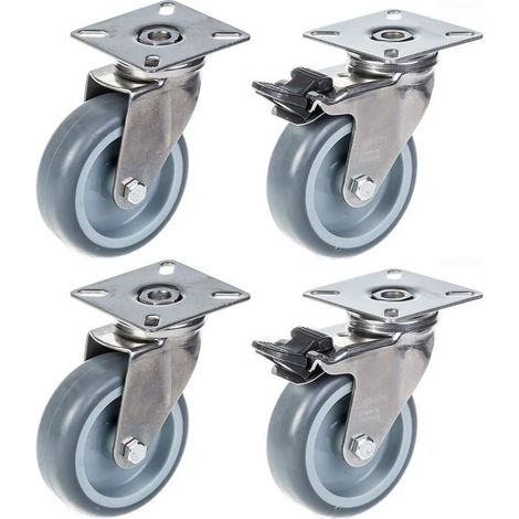 Rollen - Edelstahl - Grauer Gummi - 75mm - Tragfähigkeit 240kg - Set von 4