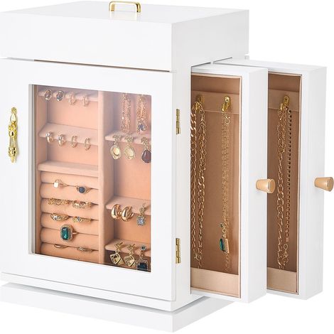 Boîte à bijoux rotative à 360°, coffret à bijoux, avec porte magnétique, fenêtre en acrylique, 4 crochets intégrés de colliers, poignées métal, fond rembourré, doublure en flanelle douce, blanc (1/5)