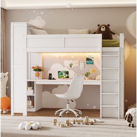 Lit mezzanine 90x200 cm MDF et bois blanc avec bureau, gain de place, sans matelas – MEUBLIV (1/5)