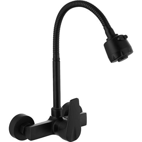 Rubinetto da cucina a parete, miscelatore per lavello girevole a 360°, beccuccio girevole in ottone nero, tubo flessibile. (1/5)