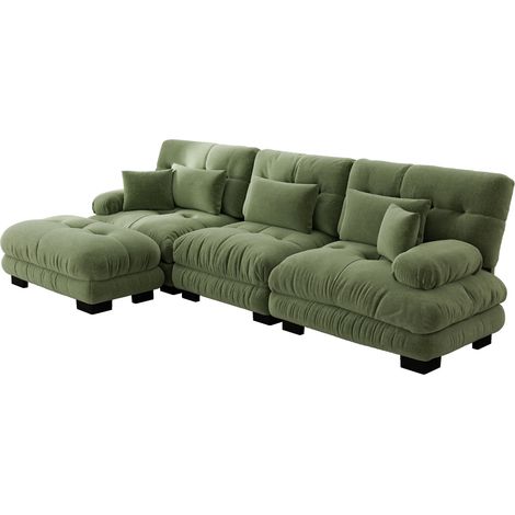 Divano angolare modulare a L in chenille verde con ottomana, 313 x 145 x 81 cm (1/5)