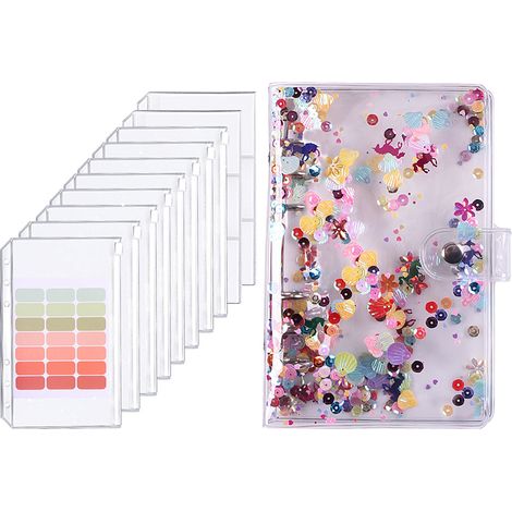 Porte-documents budget A6 avec couverture sequins transparente, 8 pochettes zippées, étuis à cartes, poche double étiquettes colorées coquille. (1/5)