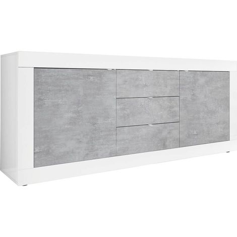 OTELLO - Buffet 2 Portes 3 Tiroirs Finition Blanc Laqué et Aspect Béton (1/4)