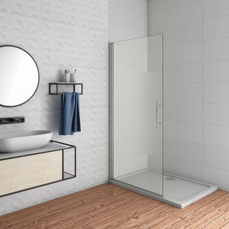 AICA paroi de douche pivotante 75x185cm en 6mm verre sablé au centre et anticalcaire installation à gauche (1/5)