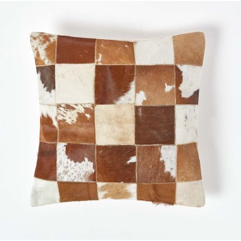 HOMESCAPES Beige and Cream Real Leather & Goat Hair Small Check Cushion with Feather Filling (1/5)