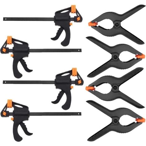 8 Pièces Jeu de Pinces, 4Pcs 4 Pouces Pinces de Prise Rapide Pince de Barre à Dégagement Rapide à Une Main + 4Pcs Pinces à Ressort Robustes Clips de Travail en Plastique Extra Résistants (1/5)