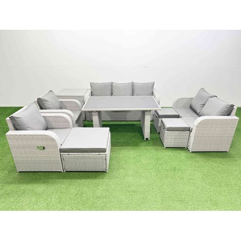Fimous 10 Seater Garden Furniture Set PE Ratten Garden Sofa Set with Rectangular Dining Table 3 Stool Side Table Light Grey (1/4)