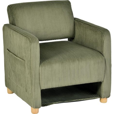 Meuble Cosy Fauteuil de Salon Canapé 1 Place Rembourré avec Assise Large, Chaise de Loisirs avec Accoudoirs, en Velours Côtelé, Pieds en Bois Massif, Vert (1/5)