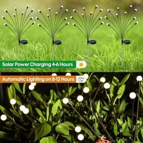 4er-Set Solar-Straßenleuchten mit je 6 LEDs, verbesserte Version, wasserdichte, flexible und oszillierende Außenleuchten in Glühwürmchenform, warmweißes Licht für Garten, Rasen, Terrasse und Dekoratio (1/3)