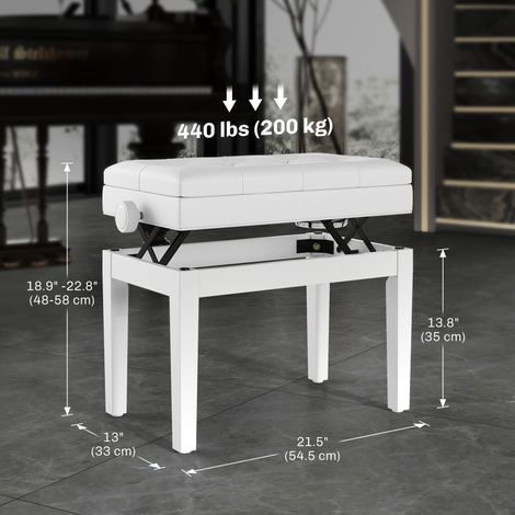 Banc de piano blanc réglable avec rangement, assise rembourrée en cuir PU souple pour plus de confort, pupitre inclus (1/5)