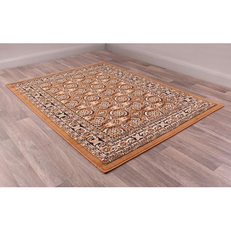 Traditional Poly Esta Bordered Classical Floral Gold Rug Floor Mat Carpet Small 80 x 150 cm (2'6"x5'0") (1/4)