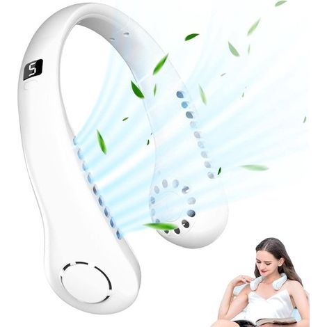 Portable neck fan - bladeless turbine design - with display screen - USB rechargeable hands-free fan - lightweight and quiet - suitable for cycling, home, and summer - 5 wind speed settings with LED l