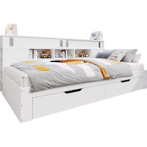 Lit de jour coffre 140x200, lit multifonction avec tiroirs, étagères et armoires, coffre rangement, pour adulte, sans matelas, blanc (1/5)