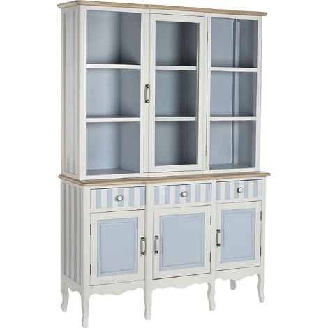 Pegane – Vaisselier en bois de paulownia et verre bleu ciel/blanc – Longueur 141.5 cm x Profondeur 44 cm x Hauteur 199 cm – Rangement fonctionnel (1/5)