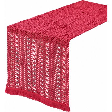 Chemin de table rétro japonais en coton et lin, nappe à rayures pour table basse, Noël, 30 cm de large (la largeur dépend de la couleur) x longueur 50 cm (la taille comprend les pompons) - Rouge ajour (1/4)