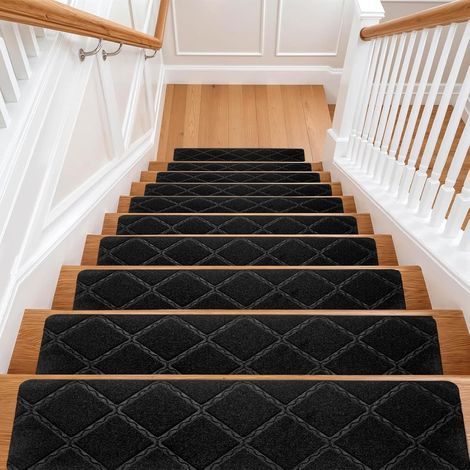 Youyijia 15PCS Anti-Slip Stair Tread Pads - 65x20cm Carpet Stair Treads Mats Self Reused Step Protectors Cover Mat for Kids Elders Pets Stair Carpet Tiles Black (Black 2) (1/5)