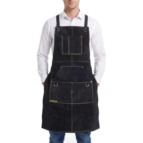 Tablier de soudure en cuir avec doublure douce – résistant à la chaleur, ignifuge, tablier de protection robuste avec plusieurs poches (1/5)