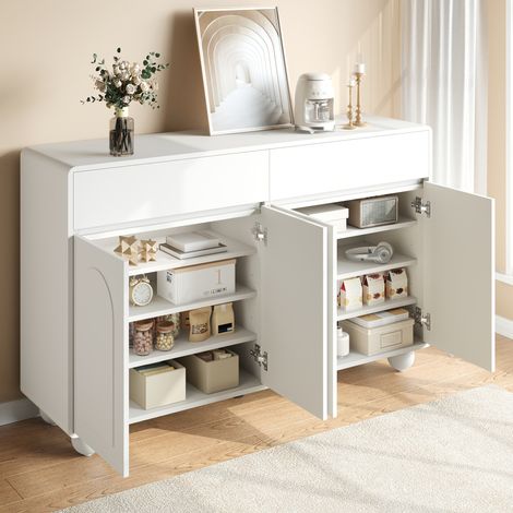 Buffet 140x38x89 cm blanc en MDF et PB avec 2 tiroirs, 4 portes et étagères réglables (1/5)