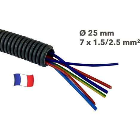Gaine électrique préfilée 45 mètres diam 25mm avec 7 fils Bleu, Rouge 1.5 mm² Bleu, Vert/Jaune, Rouge, Bleu clair, Noir 2.5 mm² - PREFA ELEC (1/2)