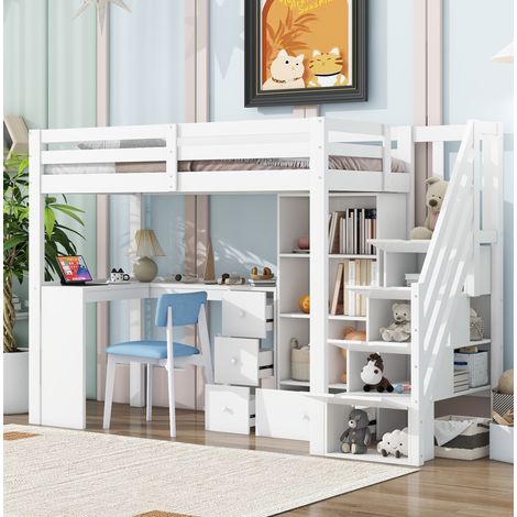 DESVIAE Lit mezzanine enfant avec bureau tiroirs placard ouvert étagères et échelle de rangement 90 x 200 cm en pin et MDF blanc certification EN 747 (1/5)