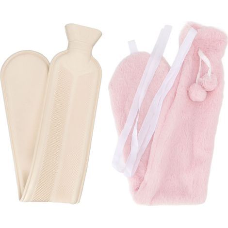 Bouillotte longue en caoutchouc – 2000 ml – Housse en peluche rose – Chauffe-corps (1/5)