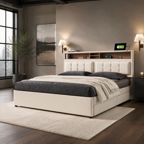Letto matrimoniale 140x200 cm imbottito con 4 cassetti, USB-C, prese e testiera regolabile- FLORAGRACE (1/5)