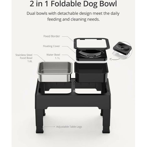Gamelles Chiens Surélevées de 4 Hauteurs, Support Surélevé avec Gamelle de Nourriture Inoxydable de 1,6 L et Gamelle Eau Chien Anti-Éclaboussure de 1,1 L pour Chien de Taille Moyenne et Grande-Noir