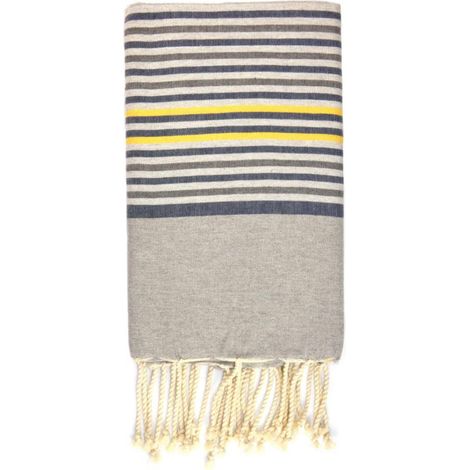 Fouta 100x200 gris, bleu, gris et jaune - 100% coton - franges
