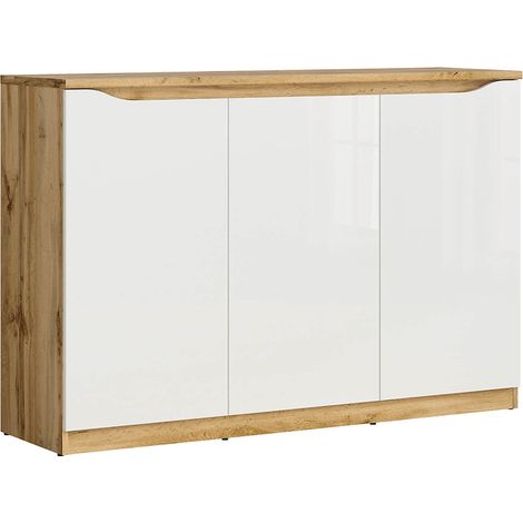 Buffet Meuble de rangement à 3 portes, coloris chêne Wotan/blanc brillant - Longueur 135 x Profondeur 39,5 x Hauteur 91,5 cm (1/5)