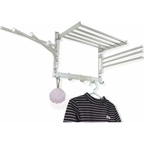 Étendoir à linge pliable - Porte-serviettes mural pivotant - avec crochets et bras pivotants - Gain de place dans la buanderie et la salle de bain - Aluminium (Argent, Petit/40 cm)