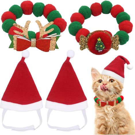 Costume de Noël pour Chien, 4 Pièces Costume de Noël pour Chat, Deguisement Chien avec Chapeau Noel et Nœud Papillon Collier Élastique, Cadeau de Noel pour Chat et Chiot (1/5)