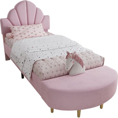 Lit Simple 90 x 200 cm en Velours, Tête de Lit Rembourrée, Banc et Bords en Mousse, sans Matelas, Rose (1/5)