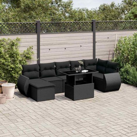 Salon de Jardin 8 Places Noir Résine Tressée - Ensemble Canapé d'Angle avec Table Réglable et Coussins Lavables (1/5)