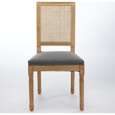 Juego de 2 sillas de comedor estilo granja francesa, estructura de madera maciza envejecida, respaldo cuadrado de ratán tejido, silla tapizada en lino transpirable, cojín con espuma y muelles en S de  (1/5)