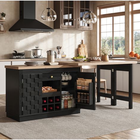 Îlot de cuisine pivotant 120-197x40x74,2 cm en MDF noir, avec rangement gain de place FloraGrace (1/5)