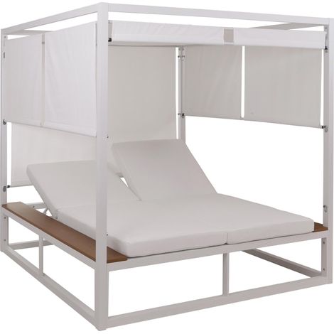 [NON UTILIZZATO] Lettino doppio reclinabile da esterno con parasole HHG-345b XL Bali 200x200x200cm alluminio tessuto bianco avorio